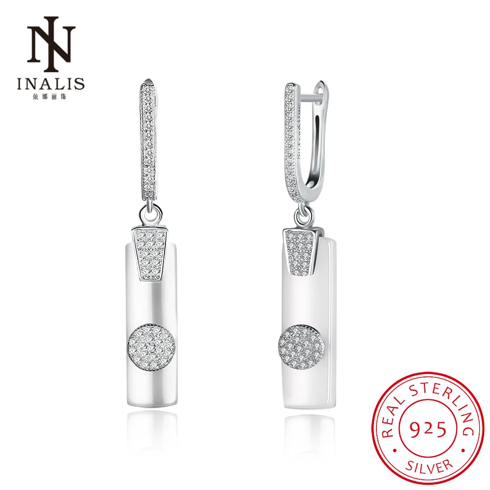 INALIS Jewelry 925 Sterling Silver Strip Ceramic Design Cubic Zirconia Drop Dangle Earrings Fashion Gift For