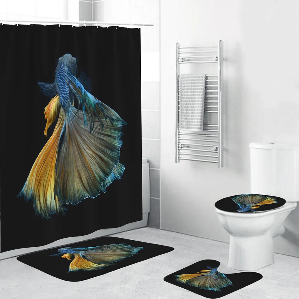 

Bathroom accessories decor 4Pcs Set Bathroom Non-Slip Pedestal Rug+Bath Mat +Lid Toilet Cover+Shower curtain Waterproof -F300514