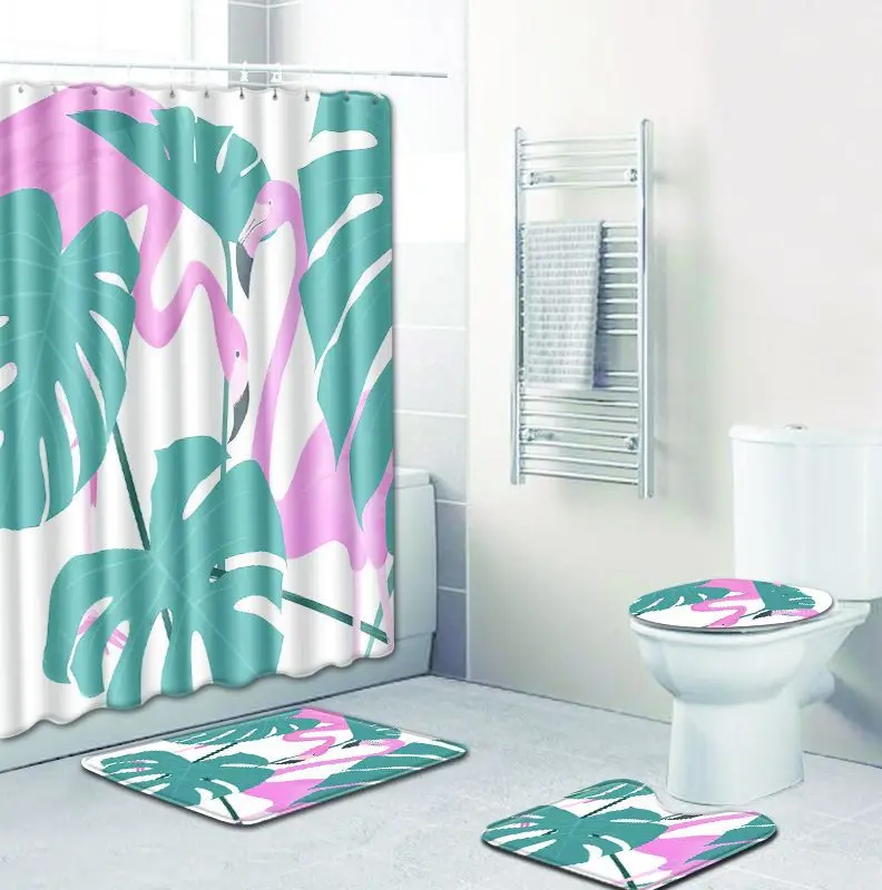 Прямая поставка Фламинго серии занавески для душа фланелевые абсорбирующие Нескользящие коврики для ванной комнаты туалет коврики для ванной комплект коврики для ванной унитаз чехлы