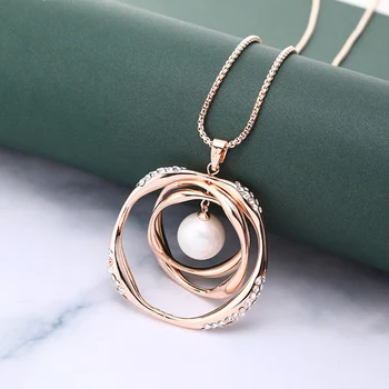 

3 Rotatable Circle with Pearl Pendant Necklace For Women Gold Silver Color Sweater Chain Long Necklace Luxury Jewellery 2020 New
