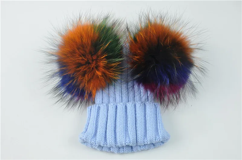 Зимняя детская шапка с два меховых помпона для мальчиков и девочек из натуральной пушнины, Шапка-бини, детские шапки двойной меховой помпон шапки для детей на осень-зиму
