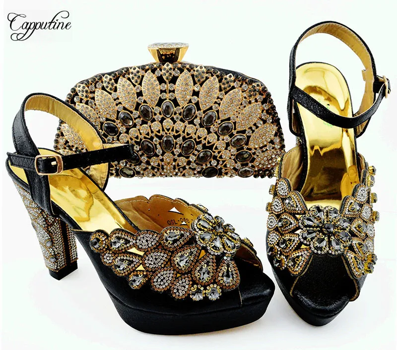 

Wonderful black lady pump shoes and purse bag set with stones perfect mathing for party dress QSL008 heel height 11.5cm