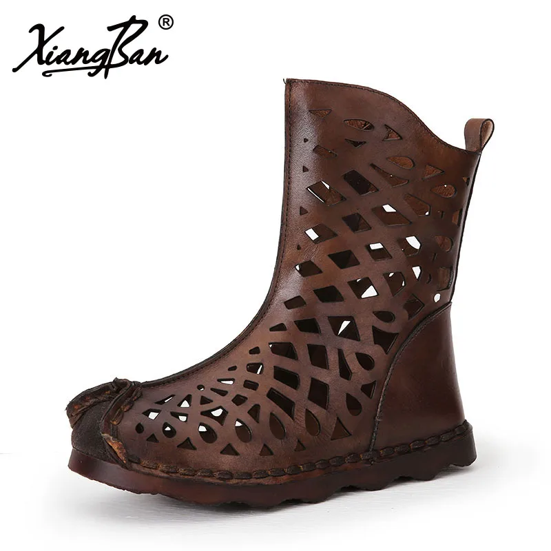 

2019 Spring and summer original design retro hollow flat Roman women boots leather laser hollow out Knight boots soft outsoled