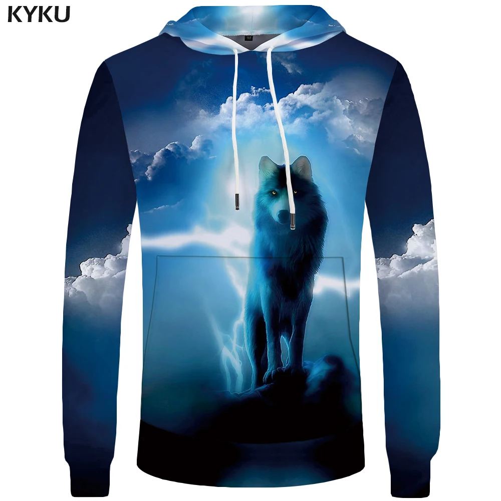 

KYKU Wolf Hoodies Men Lightning Mens Clothing Cloud Pocket Animal Hoddie Sweatshirt Big Size 3d Hoodies Hooded Hip Hop Casual
