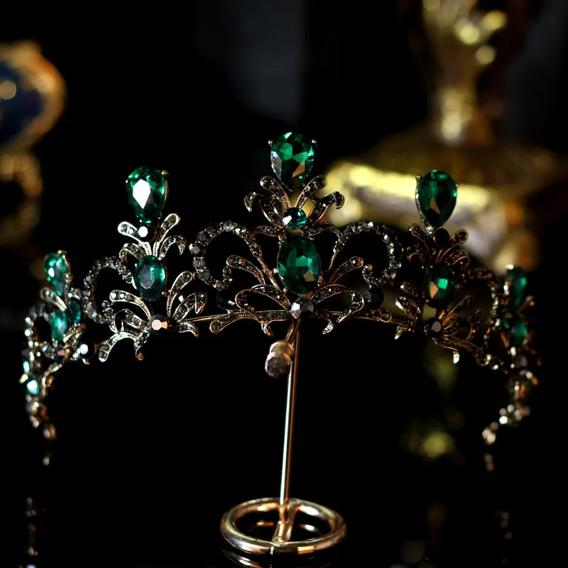 

Baroque Vintage Green Crystal Bridal Tiaras Crowns Black Pageant Prom Rhinestone Veil Tiara Headbands Wedding Hair Accessories