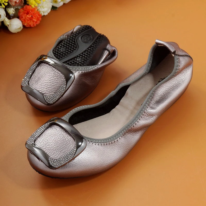 Ballet Flats Women Genuine Leather Loafers Round Toe Slip-on Flat Handmade Rhinestone Metal Decoration Balerinas Shoes for Woman (20)