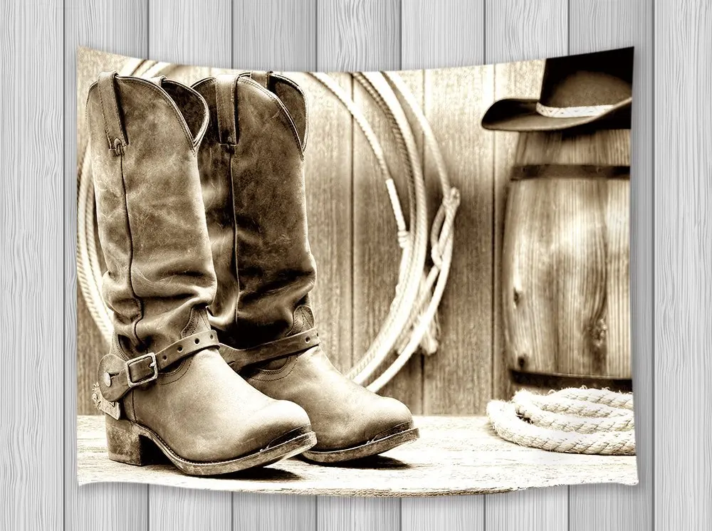 Западной Декор гобелен Западно-американской ковбойские ботинки веревки и шляпа с размытым деревянный фон стены Книги по искусству висит в общежитии