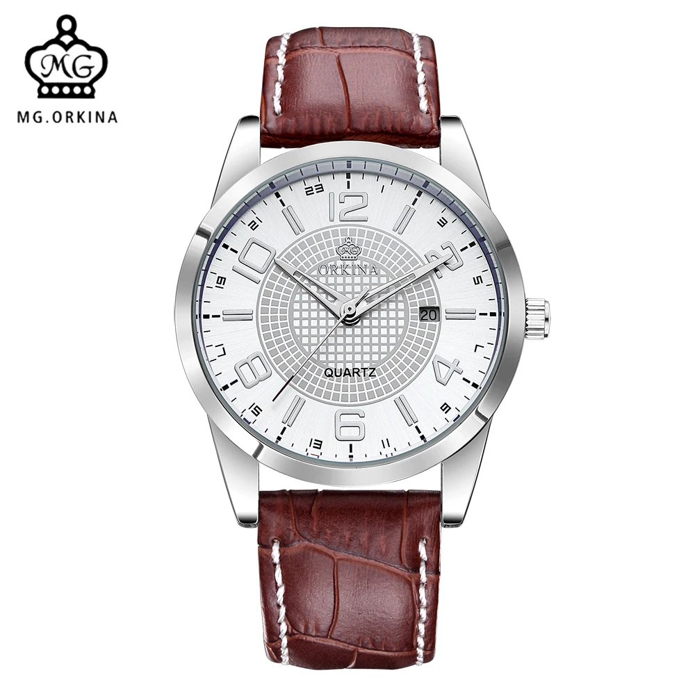 

MG. ORKINA Men's Quartz Watch Fashion Leather Strap Embossed Dial Miyota Movement Auto Date Reloj Hombre Male Business Watch