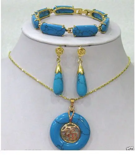 

Beautiful Blue Turquoise Link Bracelet/ Earrings /Necklace Pendant Set^^^18K GP style Fine jewe Noble Natural jade