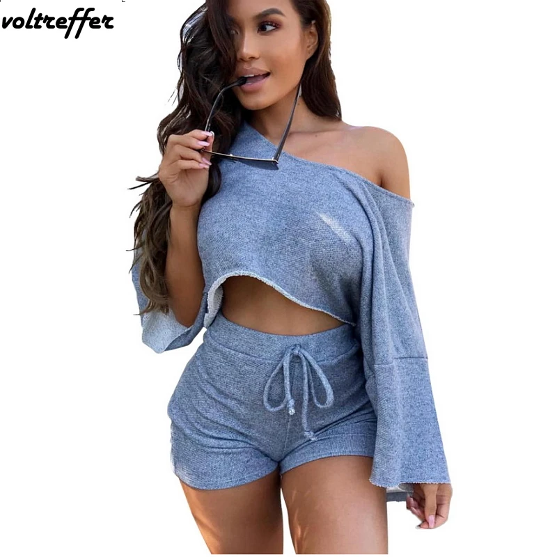 2018 Summer Off Shoulder Crop Top And Shorts Sets Loose Batwing Sleeve