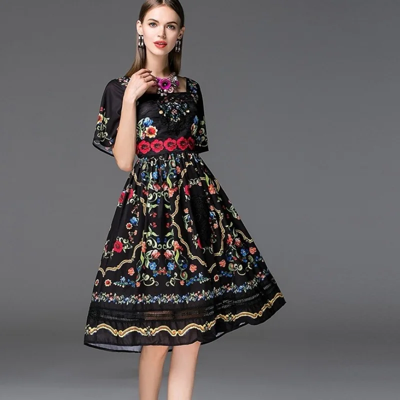 

Print free shipping dresses 2017 NEW spring summer elegant woman dress XL Clothing Short sleeve Vintage flower party Dress black