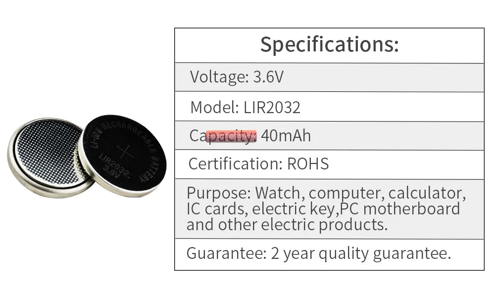 1 шт 3,6 V LIR2032 lir 2032 литий-ионная аккумуляторная батарея 40mah литий-ионная Кнопка монетница Замена для CR2032 CR 2032