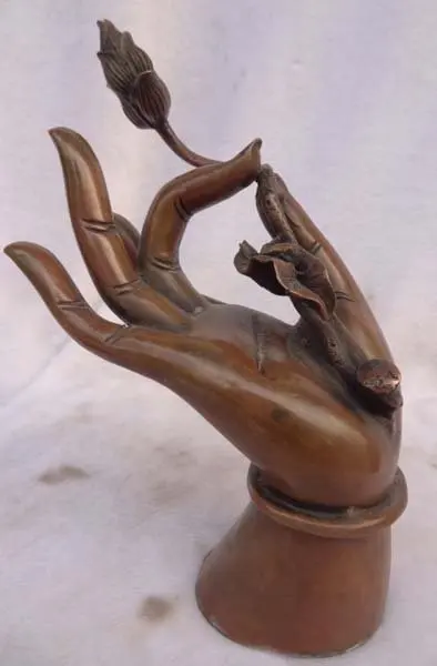 8" Chinese Bronze Buddha Hand Hold Flower Statue on