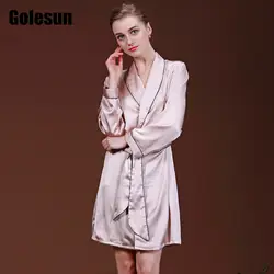 Женские весенние и осенние пижамы женские с длинными рукавами отдыха эмуляции длинный шелковый халат Женская одежда
