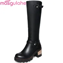 Masgulahe черный Женские ботинки туфли с молнией и круглым носком; натуральная кожа+ сапоги из искусственной кожи; женские сапоги с пряжкой; большие размеры обувь на квадратном каблуке, на платформе, выше колена высокие сапоги