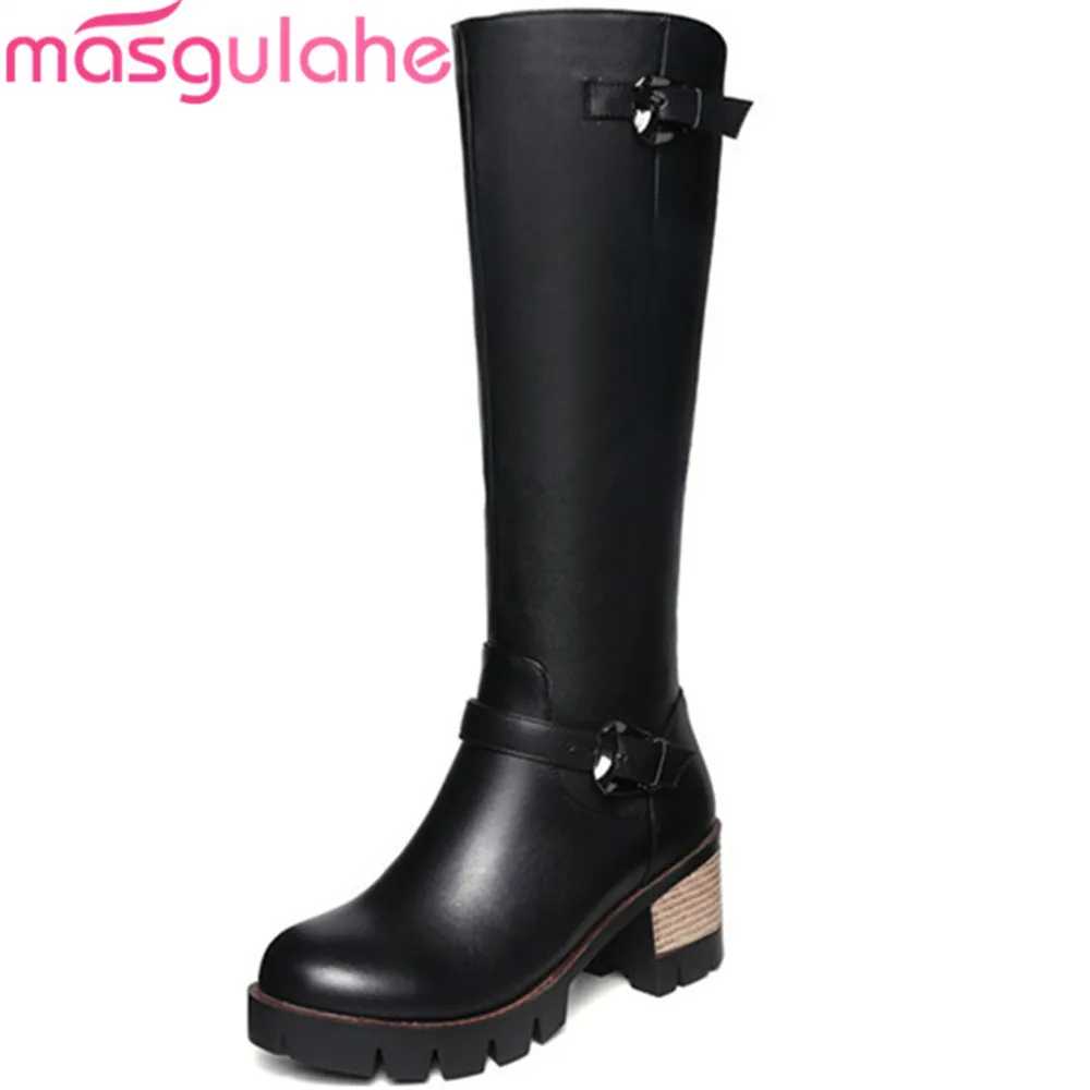 

Masgulahe black women boots round toe zipper genuine leather+pu ladies boots buckle square heel platform knee high boots