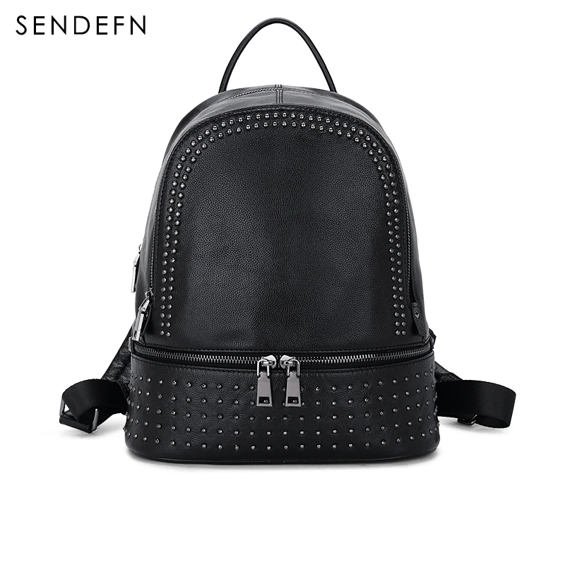 

Sendefn Genuine Leather Backpack Large Capacity Rivet Black Shoulder Bag Women Casual Backpack Teenage Girls School Travel Bags