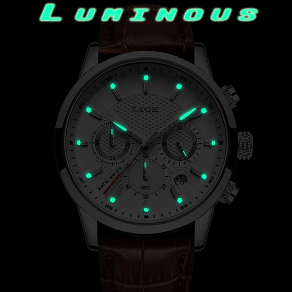 LIGE бизнес спортивный стиль Топ бренд класса люкс кварцевые часы для мужчин коричневый кожаный Хронограф с ремешком белый указатель набора