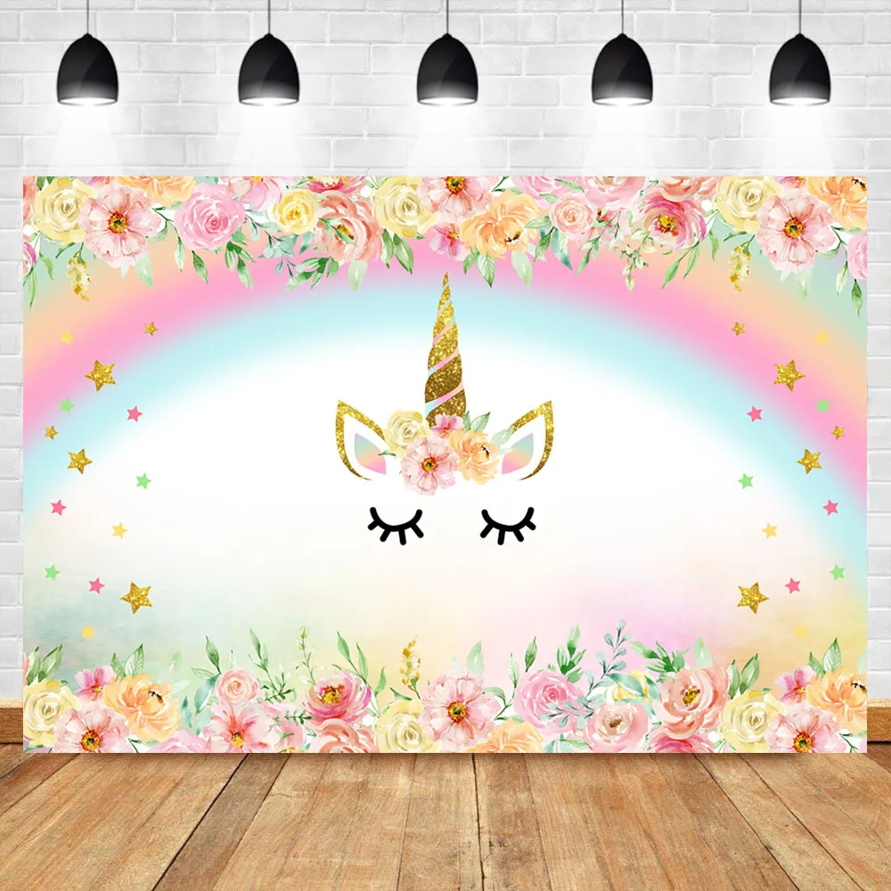 

NeoBacke Unicorn Themed Backdrop Rainbow Flower Unicorn Baby Shower Background Child Kids Birthday Party Photography Backdrops