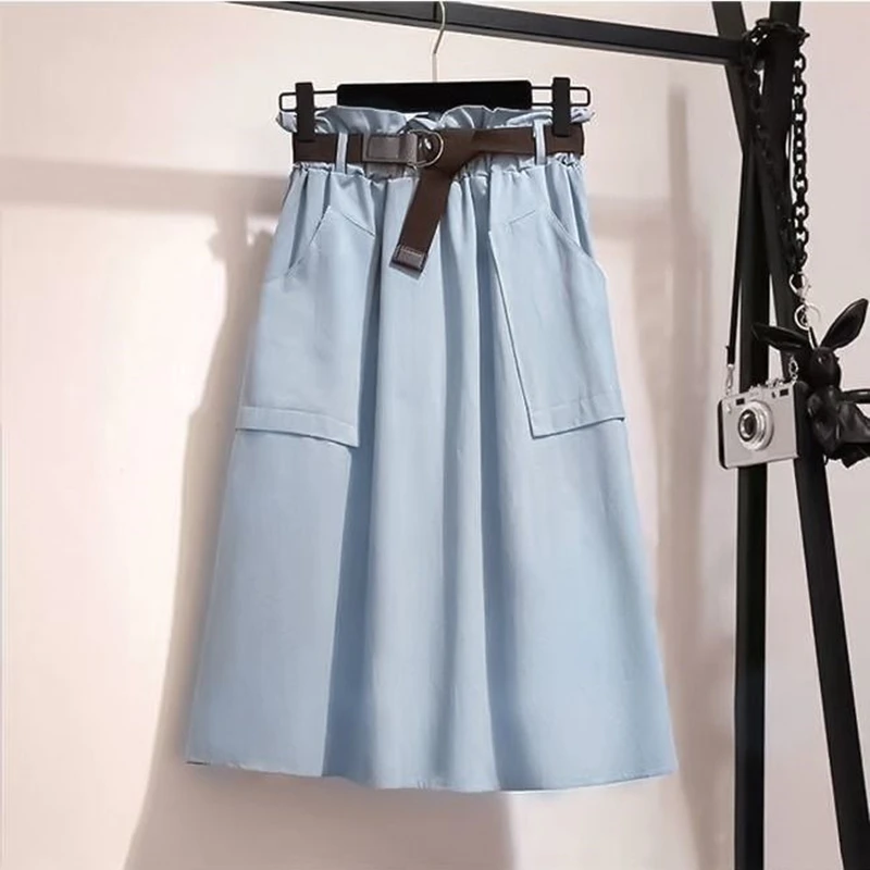 

ELEXS Spring Women's Midi Skirt 2019 Solid Pocket A-Line Causal Skirt High Waist School Girl Skirt with Belt E95242