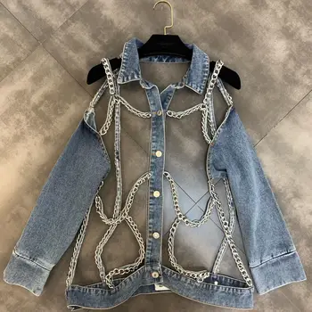 

2019 Promotion Real Cotton Chains Jaqueta Feminina Casaco Bomber Jacket Female Personality Chain Hollow Long-sleeved Streetwear