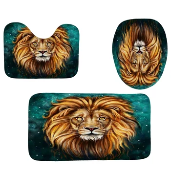 

4Pcs Home Bathroom Decor Set Bathroom Lion Head Pattern Toilet Seat Cover Bath Mat Set+ Waterproof Shower Curtain