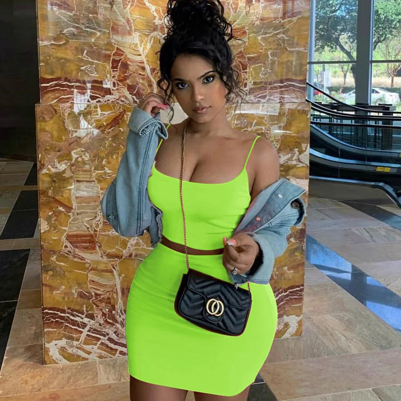 

spaghetti straps sexy camis skirt 2 two piece set 2019 summer women fashion neon green orange solid party streetwear