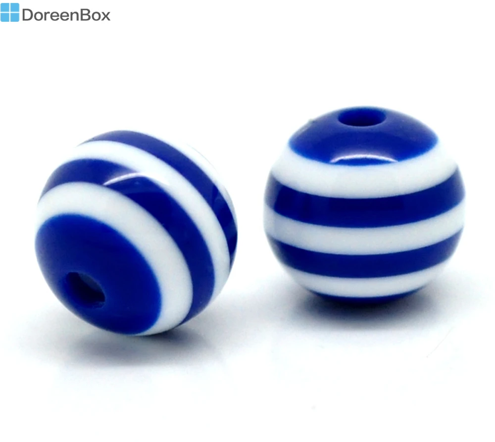 

Doreen Box hot- 100PCs Dark Blue Stripe Resin Round Beads 10mm(3/8") (B18609)