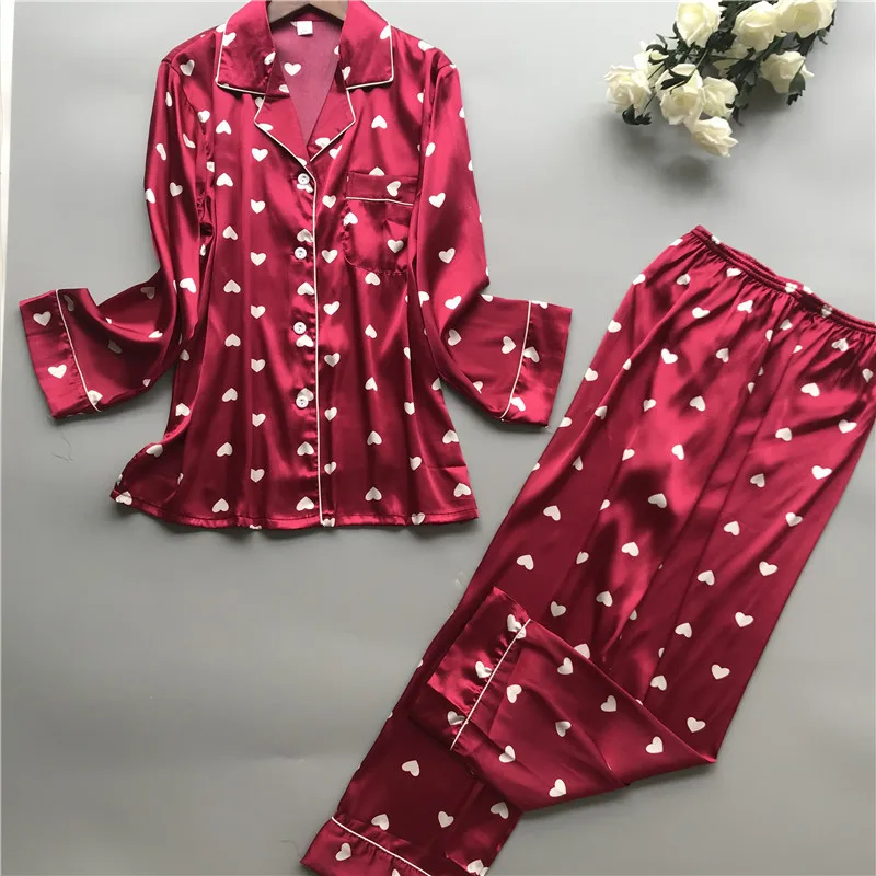 

MECHCITIZ 2019 Spring Women Comfortable Silk Pajama Set Girl Print Pyjama Set Long Sleeve Sleepwear Suit Women Nightshirt Sets