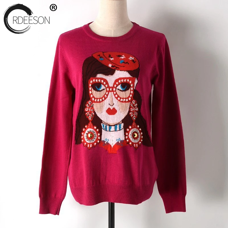 ORDEESON Beading Beautiful Jacquard Glasses Print Women Sweaters and Pullovers Jumper winter round neck Knitted Sweater Casual | Женская