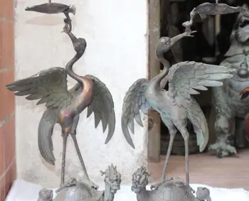 

FREE SHIPPING 17"Chinese Pure Bronze Dragon tortoise Turtle Red-crowned crane Candlestick Pair