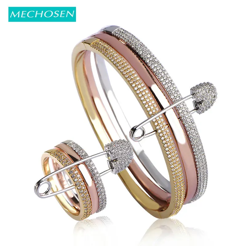 

MECHOSEN Newest Bridal Jewelry Sets Bracelets Rings For Women Rose Gold-color Zirconia Bangles Copper Anillo Wedding Bijouterias