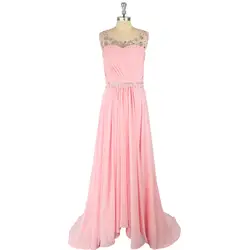 Розовый Кристалл Ruched шифон-line Scoop развертки поезд молния платье для выпускного вечера официальное мероприятие