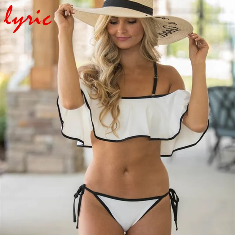 

White Off the Shoulder Bikini Ruffle Swimsuit Sexy Girl's Swimming Suit Hot Swimwear Flouced Bandeau 2018 Pleated BathiNG Suit