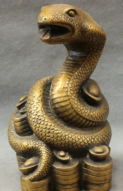 

JP S0608 8" Chinese Bronze Year Zodiac Wealth YuanBao Coin Snake Head Statue Sculpture B0403