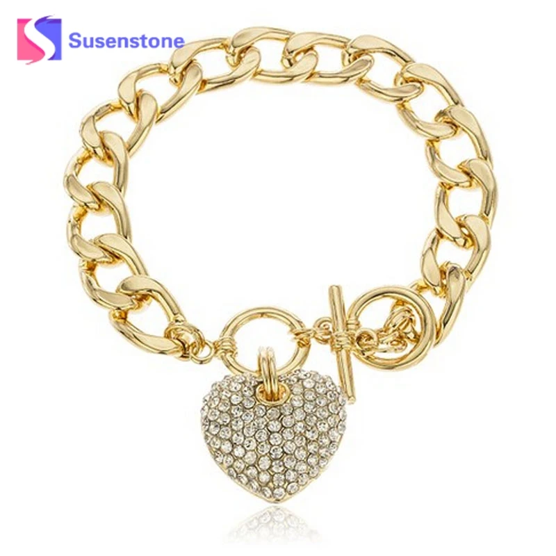 

2018 Summer Hight Quality New Bracelet Goldtone Clear Iced Out Heart 8.5 Inch Cuban Link 12mm Toggle Bracelet #501