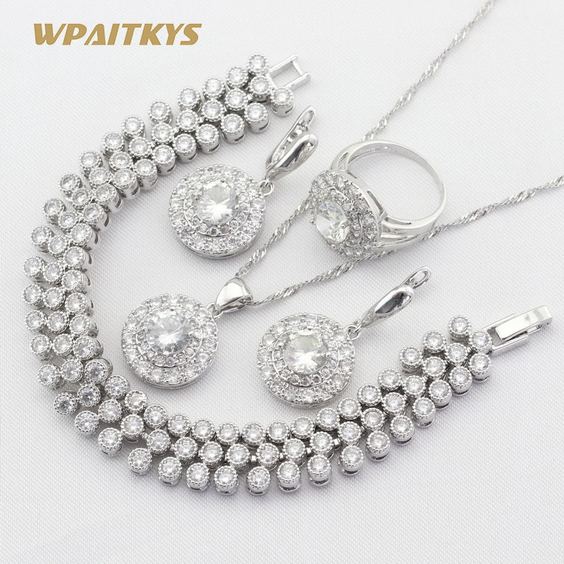 

Round White Cubic Zirconia Silver Color Jewelry Sets For Women Necklace Pendant Bracelets Earrings Rings Free Gift Box WPAITKYS