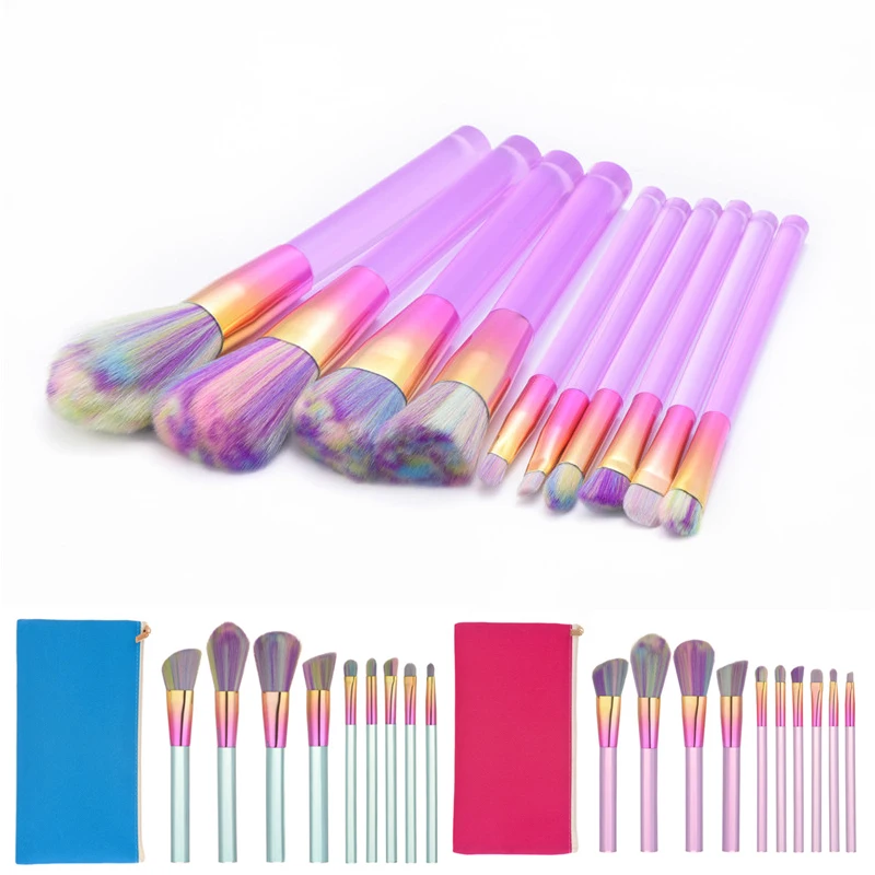 

10PCS Makeup brushes Set Transparent Handles with Colorful Bristle Make up Brushes Super Soft Hair Kabuki Brush Tools With Bag