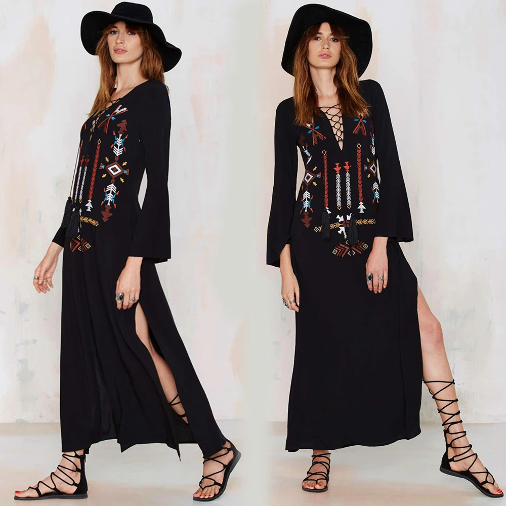 

Embroidery Boho Dress Women Folk Long Maxi Black High Spit Dress Sexy Deep V-Neck Hippie Chic Dresses Slit Women Brand Clothing