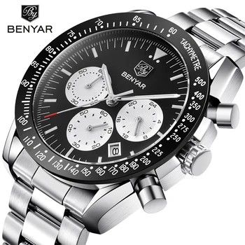 

BENYAR Brand Men Sport Chronograph Watches All pointers work Waterproof Fashion Steel Stainless Quartz Watch dropshipping black