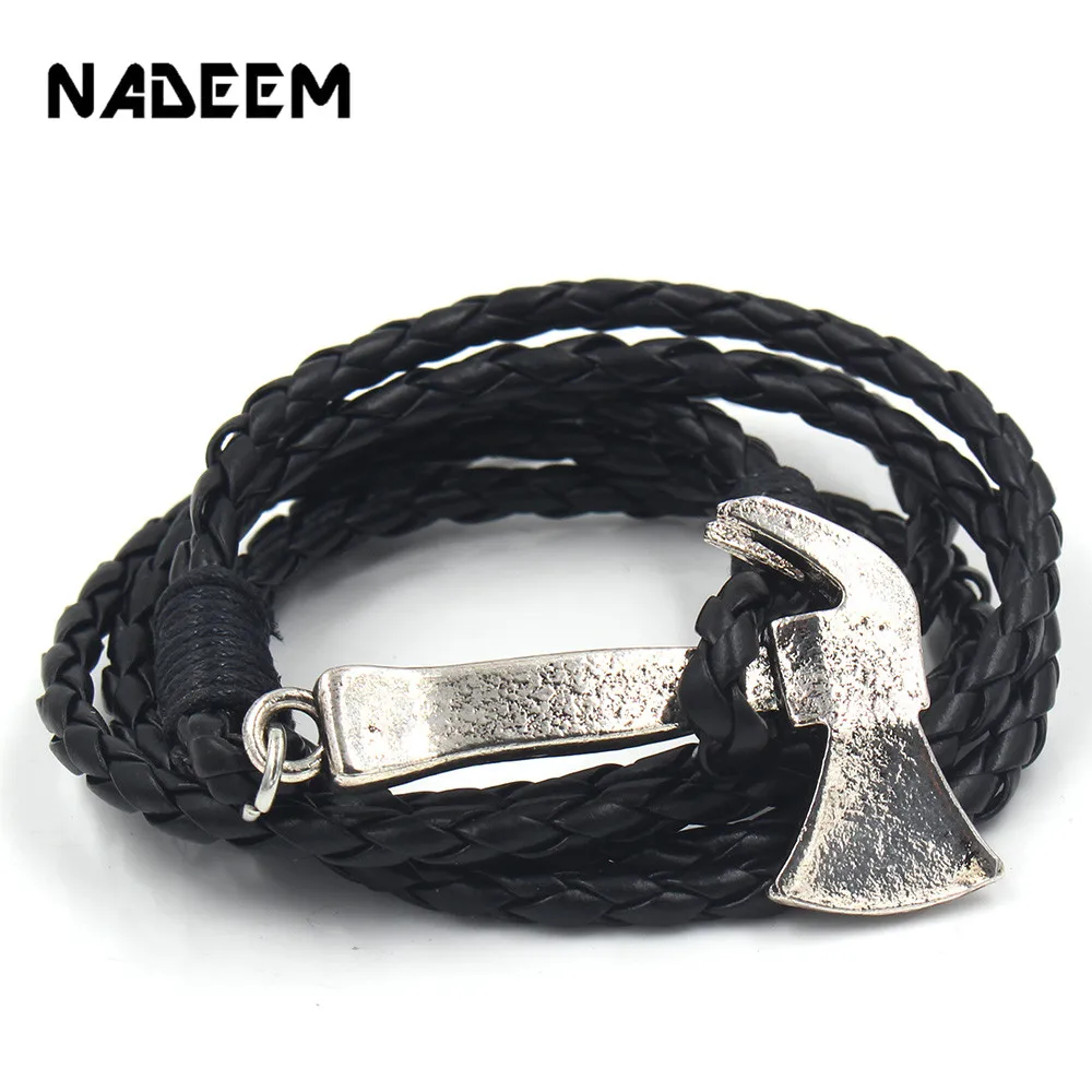 

New Punk Hop Hop Design Black Coffee Leather Bracelet Vintage Retro Hammer AXE Hatchet Charm Multilayers Bracelet For Men Women