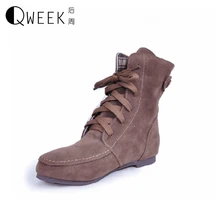 QWEEK Women Ankle Boots Casual Martin Boots Fashion Round Toe Flats Breathable Leather Suede Lace Up Cotton Ankle Boots