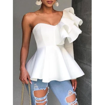 

One Shoulder Zipper Up Peplum Ruffle Tops Women One Long Sleeve White Blouse Shirt Elegant Ladies Party Blouse Summer 2019 blusa