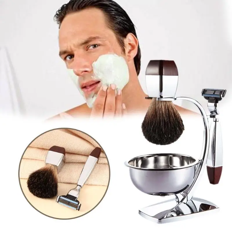 

4pcs Professional Men Shaving Razor Set with Badger Shaving Brush Beard Brush Stand Frame Brush Bowl Brand Man Shaving Kit