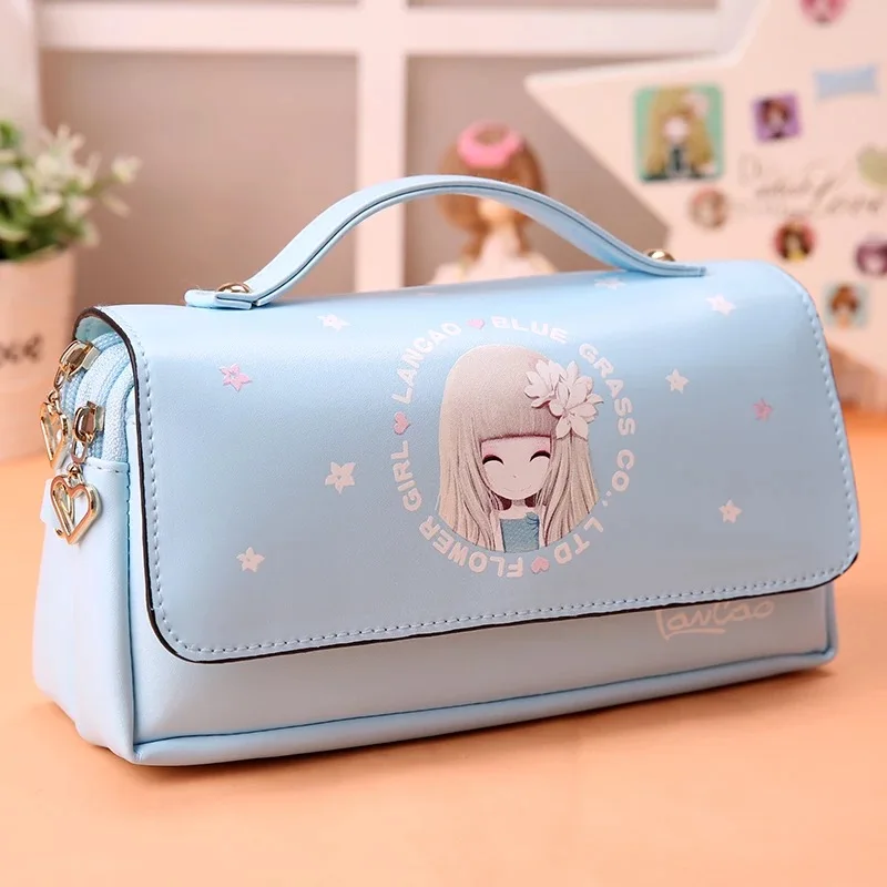 Korea cute student pencil box flower girls large capacity leather
