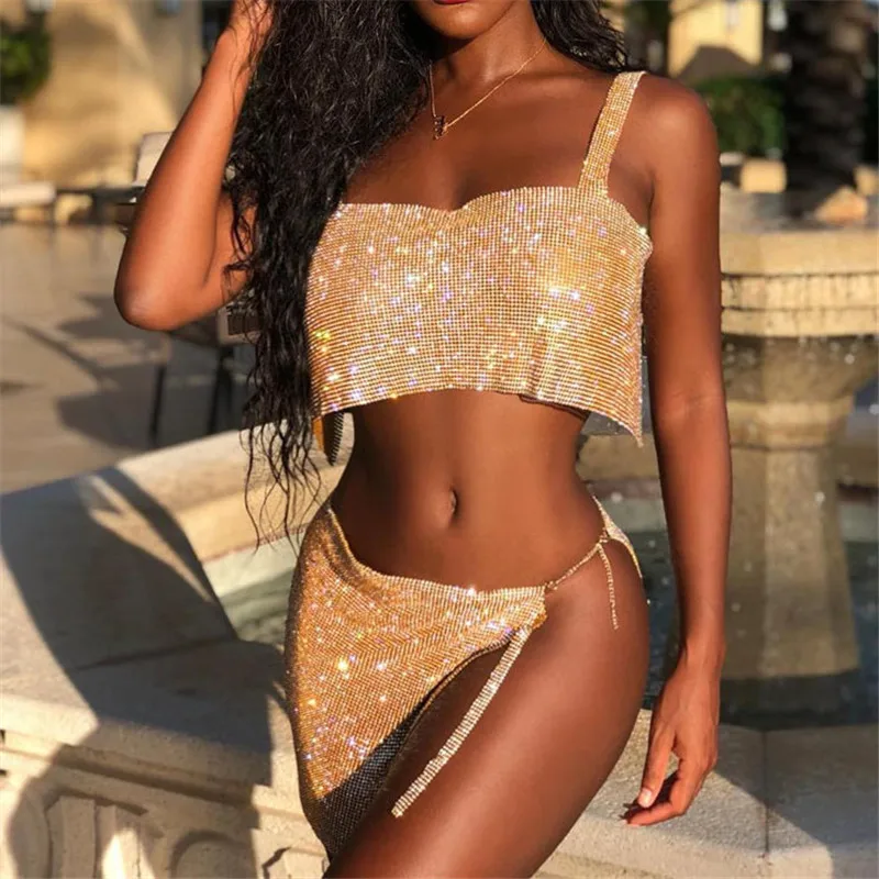 

Shiny Rhinestones Spaghetti Strap Crop Top Sexy Mini Skirts Two Piece Set Women Night Club Party 2 Piece Outfits Matching Sets