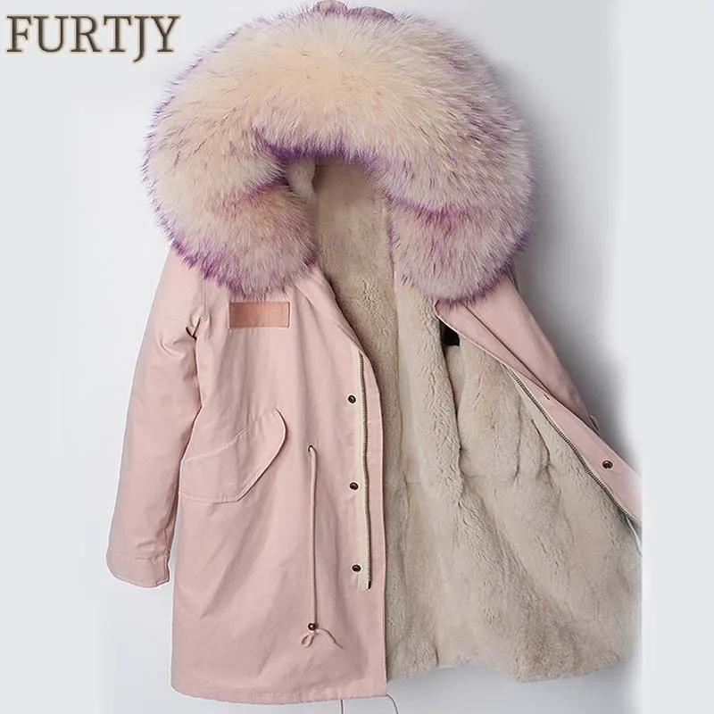 

2019 Long Parkas Winter Jacket Women Real Fur Parka Natural raccoon fur collar Rex Rabbit Fur coat Streetwear high quality NEWS