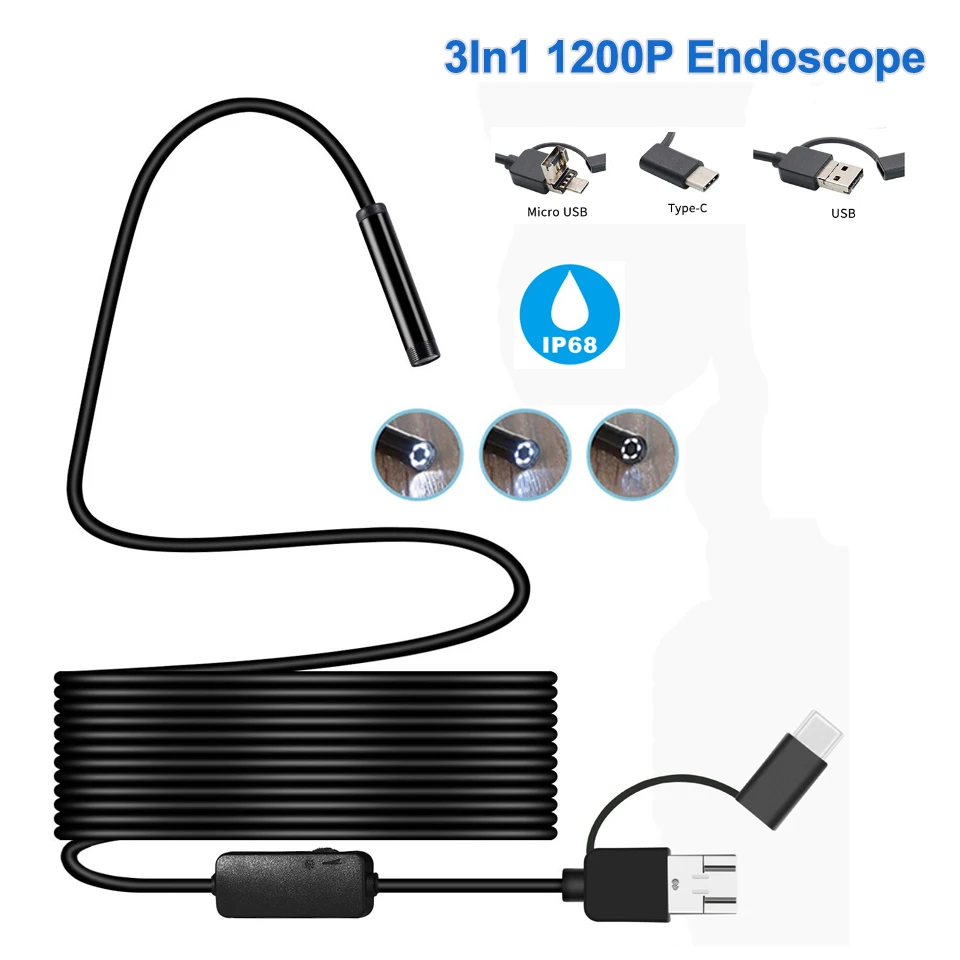 

1200P 3in1 USB Endoscope Andriod Borescope 8mm Lens HD Waterproof IP68 Soft Wire Pipeline Endoscopic PC Android Camera