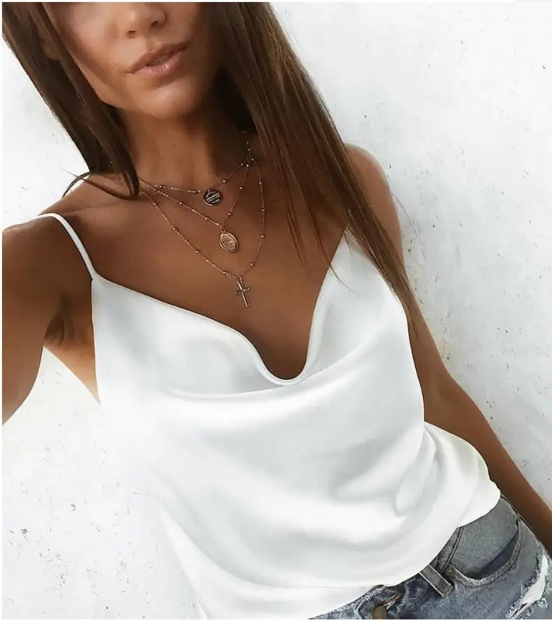 

Solid Color Camisole Chiffon Shirt Sexy vest blouse Summer Women's Low collar open back sleeveless top