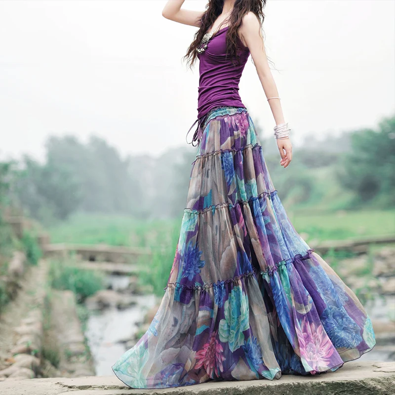 Makuluya Maxi Long Purple Skirts Womens Summer Bohemia Casual Chiffon Tulle Splice Floral
